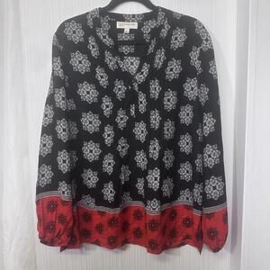 Jones New York Sport Women’s Black White Red Long Sleeve Sheer Blouse Top Size L